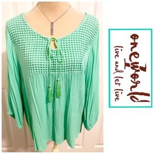 Oneworld, Sherbet lime green, round neckline tassel tie, long sleeve top.